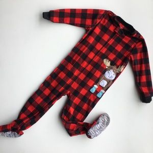 CARTERS Red Plaid Zip Onesie Moose Pajamas Boy 4T